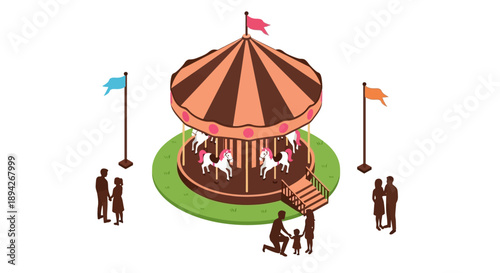 A vibrant carousel with horses rotating, surrounded by people on a grassy area with flags waving, viewed from a slight angle.
