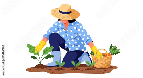 Woman gardening in a lush vegetable garden, nurturing young plants with care and attention to detail from a kneeling position.