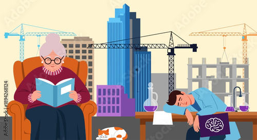 Elderly person reading while a young adult sleeps at a desk amidst a city construction scene illustration