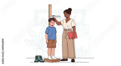 A female teacher measuring a young boy's height on a scale in an educational setting