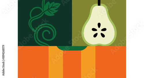 Illustration of a pear with leaves on a striped background from a direct viewpoint