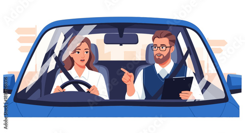 Man and woman navigating through a car ride together, looking at a device inside the vehicle
