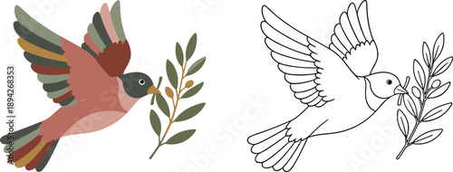 Peace Dove with Olive Branch Vector - Minimalist Flying Bird Line Art Illustration Isolated