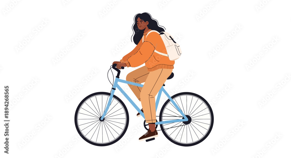 Obraz premium A person riding a bicycle with a backpack through a serene landscape view