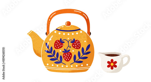 Vibrant teapot and cup adorned with floral patterns, inviting relaxation and warmth in a cozy setting