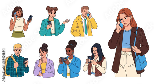 Diverse group of young adults using mobile phones in casual attire, standing in various poses, illustration