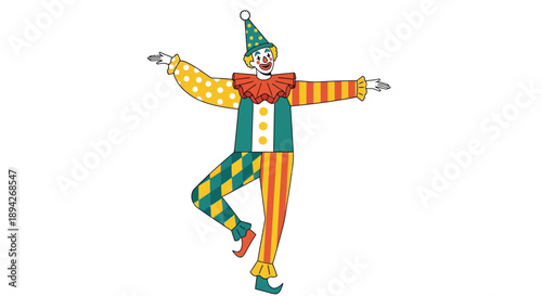 A vibrant clown performs a balancing act on one leg with outstretched arms in a dynamic illustration.