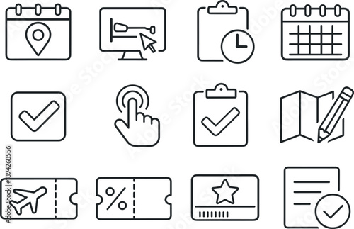 Line style vector icons of reservation system: reservation, booking, schedule, calendar; select, choose, confirm