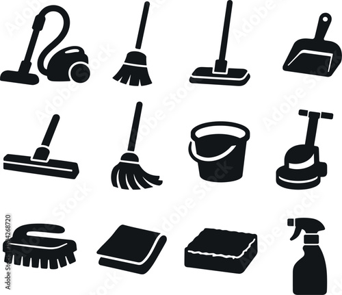 Solid vector icons of floor cleaning: vacuum cleaner, broom, mop, dustpan, floor squeegee, wet mop, bucket,