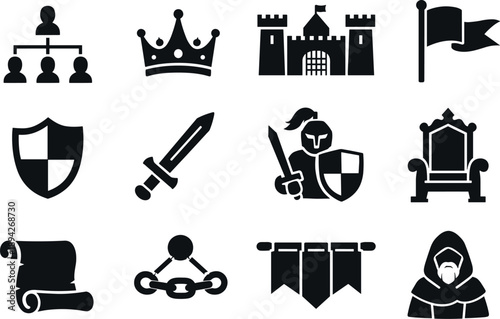  Solid vector icons of team feudalism: hierarchy, crown, castle, flag, shield, sword, knight, throne, scroll,