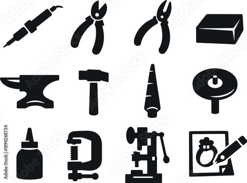  Solid vector icons of crafting and repair: soldering iron, wire cutter, pliers, bench block, anvil, hammer,
