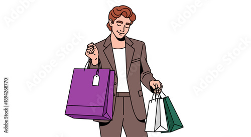 Illustration of a man holding shopping bags with a joyful expression
