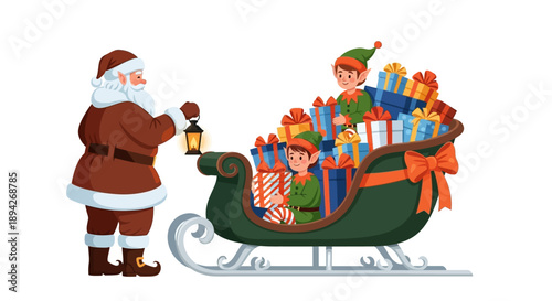 Santa Claus inspecting a sleigh full of Christmas gifts pulled by elves on a winter snowy day