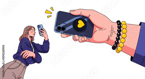 Person holding camera towards woman taking selfie with phone in hand, captured from a unique viewpoint