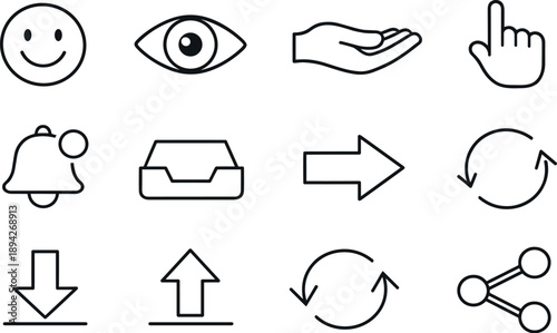 Line style vector icons of digital assistant: smile, eye, hand, finger; notification, inbox, arrow, refresh;