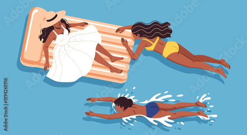 Three women enjoying a relaxing day by the pool, with two lounging on a float and one swimming, captured from a top-down view