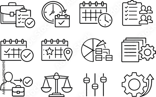 Line style vector icons of work schedule icons: work, shift, hours, roster; availability, booking, allocation,