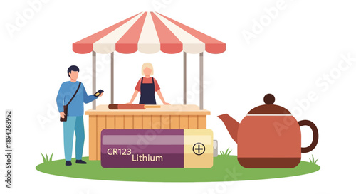 Vendor selling lithium batteries and tea at an outdoor market stall