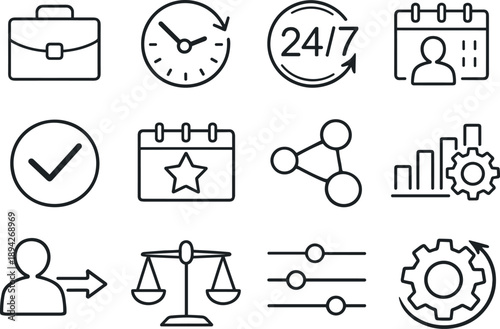 Line style vector icons of work schedule icons: work, shift, hours, roster; availability, booking, allocation,