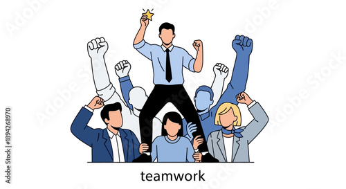 A group of business professionals celebrating teamwork and success with a triumphant leader standing on shoulders