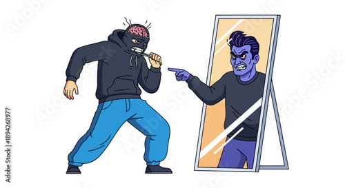 Man pointing at his broken mirror reflection in a dramatic pose