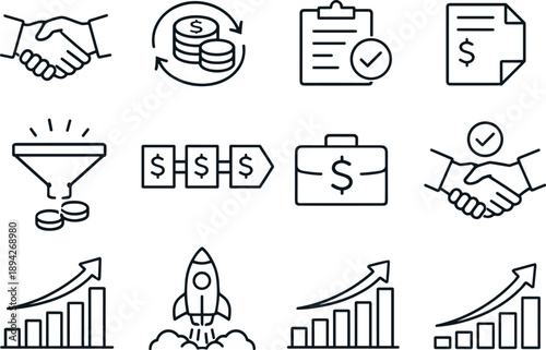 Line style icons of revenue expansion: sales, turnover, billing, invoice; funnel, pipeline, deal, close;