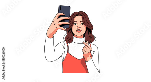 Illustration of a woman taking a selfie with a smartphone held up, wearing a red dress with white sleeves, captured from a front view.