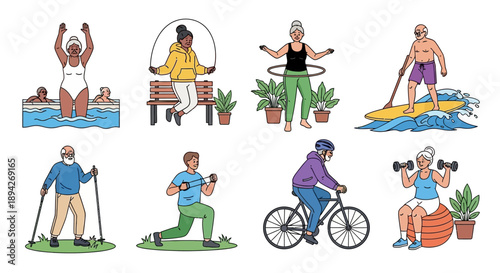 Illustrations of people engaging in various fitness activities and hobbies outdoors and indoors, showcasing diverse lifestyles and wellness routines