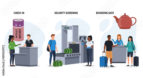 Airport procedures illustrated with people checking in, undergoing security screening, and boarding at the gate from a front viewpoint
