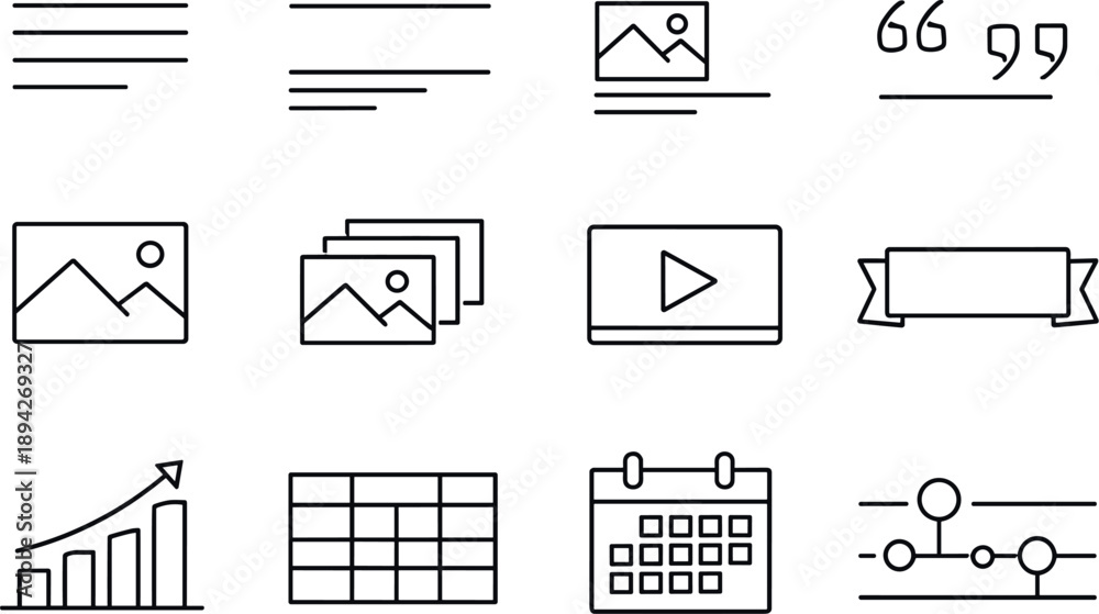 Naklejka premium Line style icons of content placeholder design: paragraph, headline, caption, quote; photo, gallery, video,