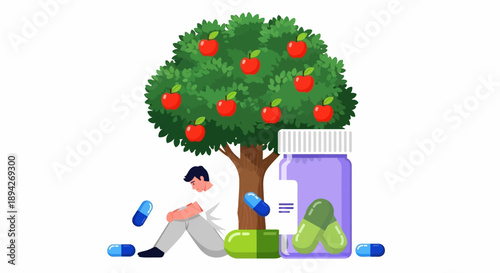 Man relaxing under an apple tree with supplements nearby, enjoying a serene environment