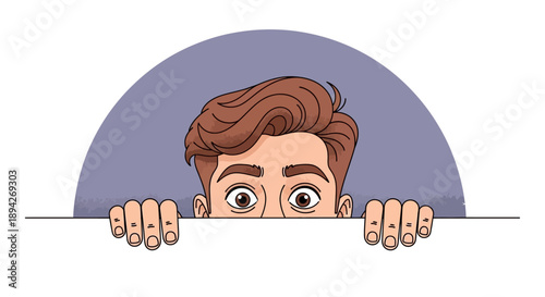 Man peeking over a white banner with shocked expression in a graphic illustration