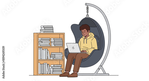 Man working on laptop while sitting in a hanging chair near a bookshelf with many books in a relaxed environment