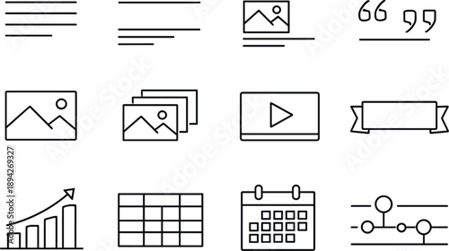 Image Generation. Line style icons of content placeholder design: paragraph, headline, caption, quote; photo, gallery, video,