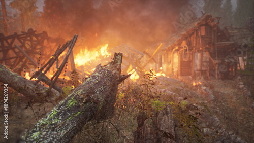 Obraz na plátne Intense flames consume a dilapidated wooden structure amidst tall trees