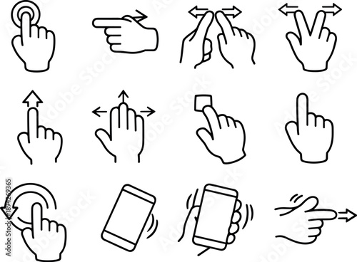 Mobile Gesture Icons. Line style vector icons of Mobile control icons: tap, swipe, pinch, zoom; scroll, drag, drop, hold; rotate,