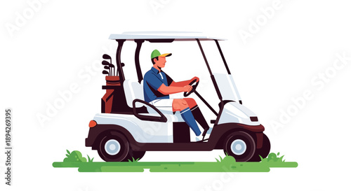 Man driving golf cart on green grass with golf clubs in the back, outdoors, daytime