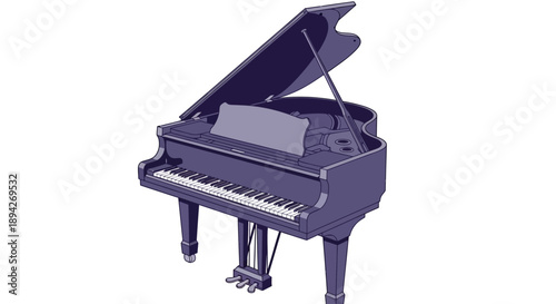 Grand piano illustration with open lid and visible strings, viewed from the side, showcasing musical instrument details and classic design elements.