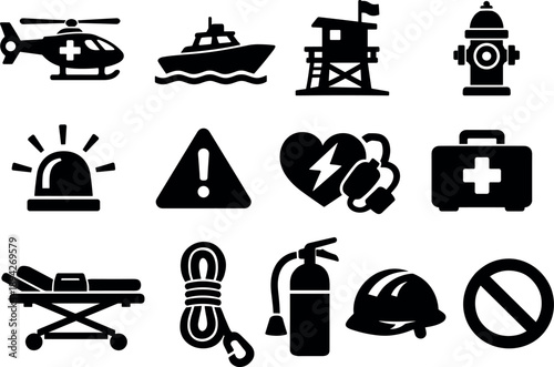 Solid vector icons of public services: ambulance helicopter, rescue boat, lifeguard tower, fire hydrant,