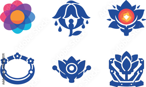 Image Generation. Solid vector icons of mood-adaptive floral companions: color-shift bloom disc, host-emotion conduit, reactive