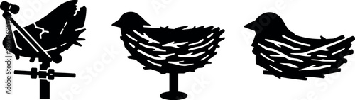Image Generation. Solid vector icons of abandoned dish–bird hybrids: rusty parabolic frame, giant bird nest cradle, layered twig