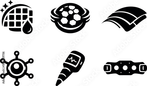 Image Generation. Solid vector icons of regenerative cyber-skin systems: healing microcell grid, dynamic pigment field, flexible