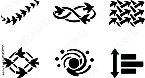 Harmony Flock Icons. Solid vector icons of harmony-based flock movement: fluid aerial formation, interlinked bird paths,