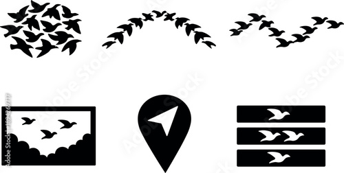 Image Generation. Solid vector icons of leaderless flock formations: synchronized bird cluster, cohesive flight arc, collective