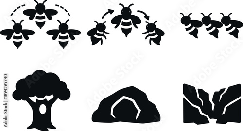 Image Generation. Solid style icons of bee swarm decision-making: scout bees, waggle dance bees, following bees, potential nest