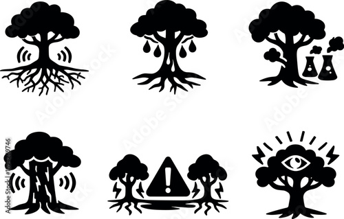 Image Generation. Solid style icons of tree response via mycelial alerts: activated root zones, increased resin flow, defensive