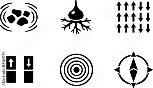 Solid style icons of magnetic field detection mechanisms: magnetite particles, sensory nerve endings,