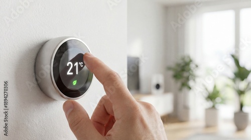 Hand adjusting smart thermostat to 21 degrees Celsius in modern living room