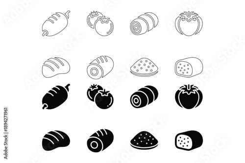 Food icons outline: bread, tomato, chili, burger, salami