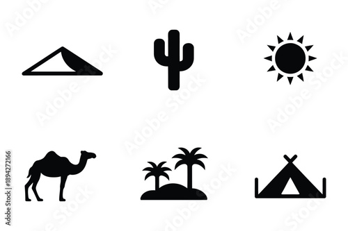 Desert adventure icons: camel, cactus, sun, tent, and oasis